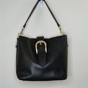 Patricia Nash Black Leather Shoulder Bag with Gold Buckle